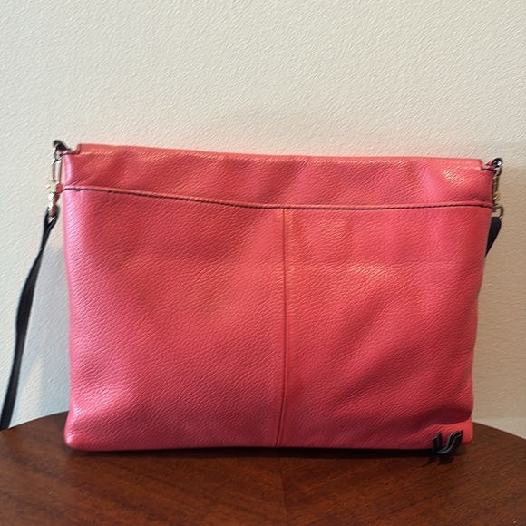 Halogen  Crossbody bag  envelope style pebbled leather  dark, coral, black trim - Picture 7 of 17